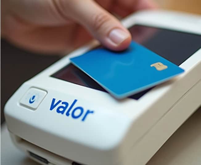 Contactless payment card being used on a credit card terminal for secure transactions.
