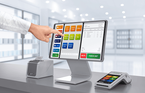 Point of Sale POS saas image Touchscreen payment POS system with card reader and receipt printer at retail store.