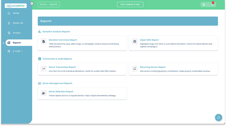 1. Donation and donor management reporting for Host Merchant Services.