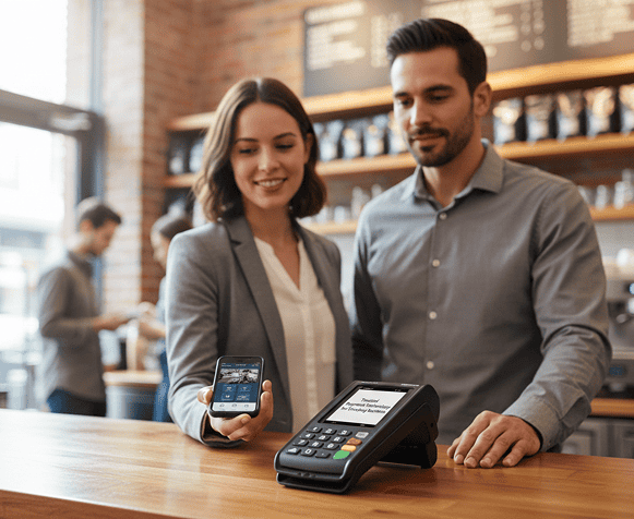 Contactless payment processing with Host Merchant Services at a coffee shop.