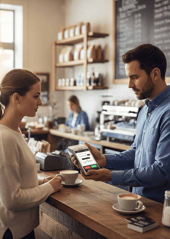 Mobile payment processing at coffee shop.