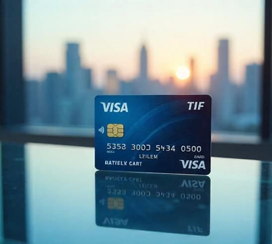 VISA credit card on reflective surface with city skyline in the background, representing payment processing and merchant services.