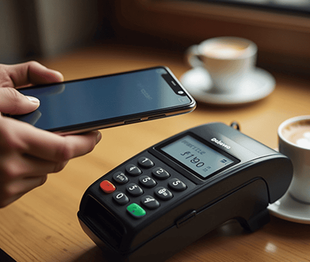 Contactless payment processing with a mobile phone and POS terminal at a café|Secure credit card transactions for small businesses|Business owner using mobile device for contactless payments with POS terminal.