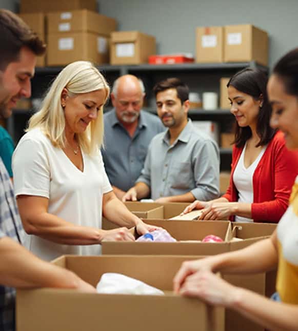 Volunteer team packing boxes for charity event at Host Merchant Services.