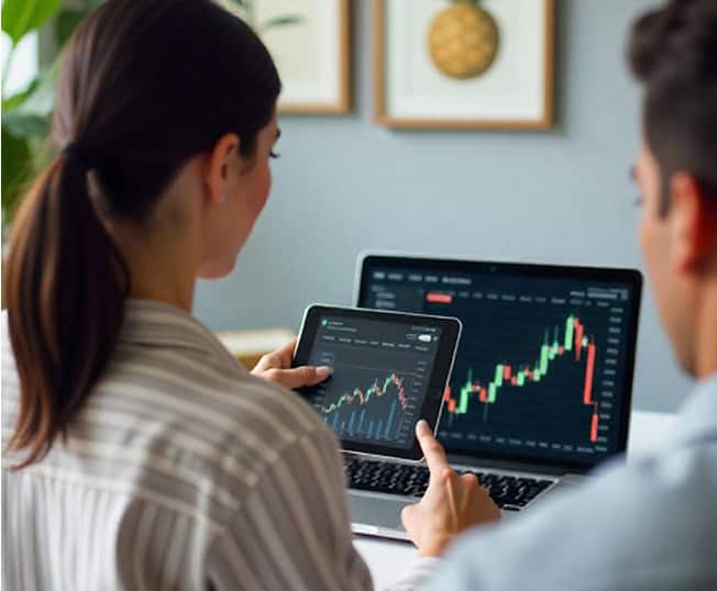 High-tech financial analysis with Host Merchant Services, showing charts on tablet and laptop.