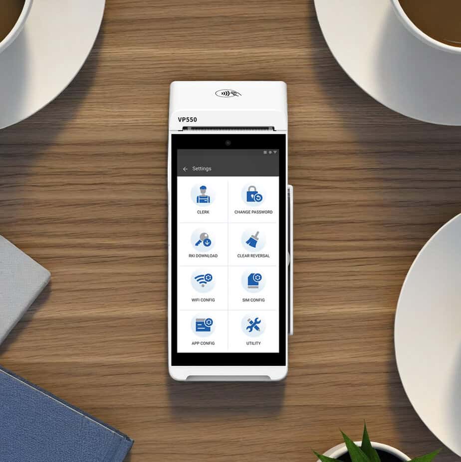 Mobile payment terminal with settings menu for Host Merchant Services.