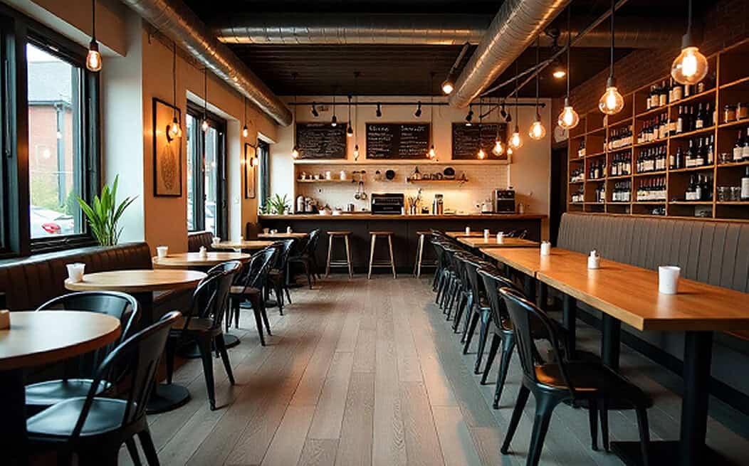 Modern coffee shop interior with seating and ambient lighting for a welcoming atmosphere.