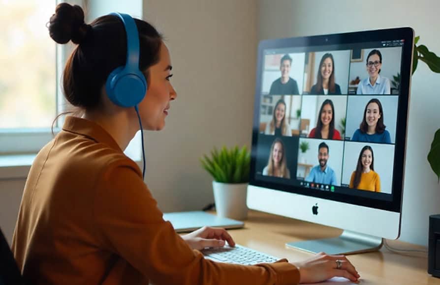 Remote team meeting connecting via video conference for business communication.