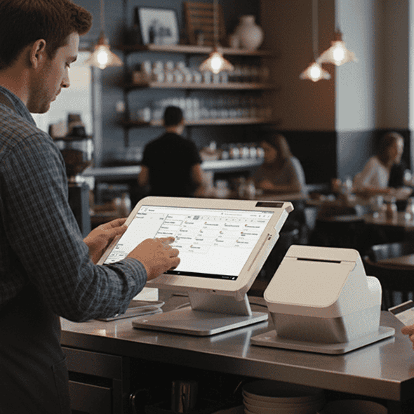 Contactless POS payment processing in a modern coffee shop setting.