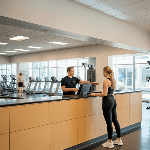 Real-time business analytics dashboard on tablet screen at a modern gym or fitness center.