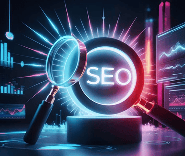 Magnifying glass highlighting SEO keyword with futuristic digital background.